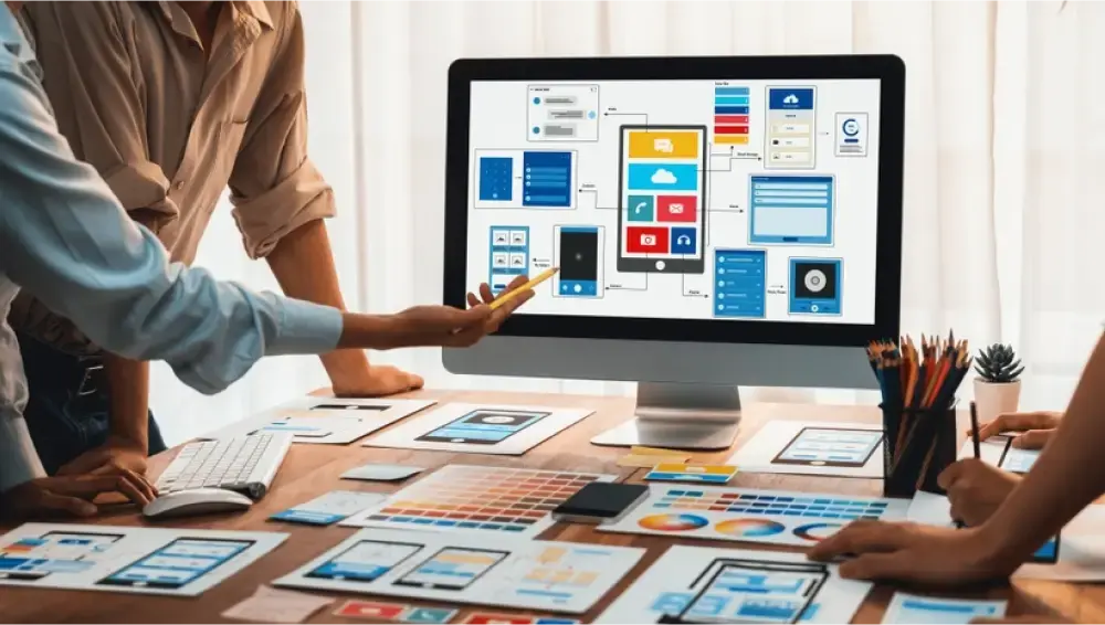 three people discussing at a computer screen