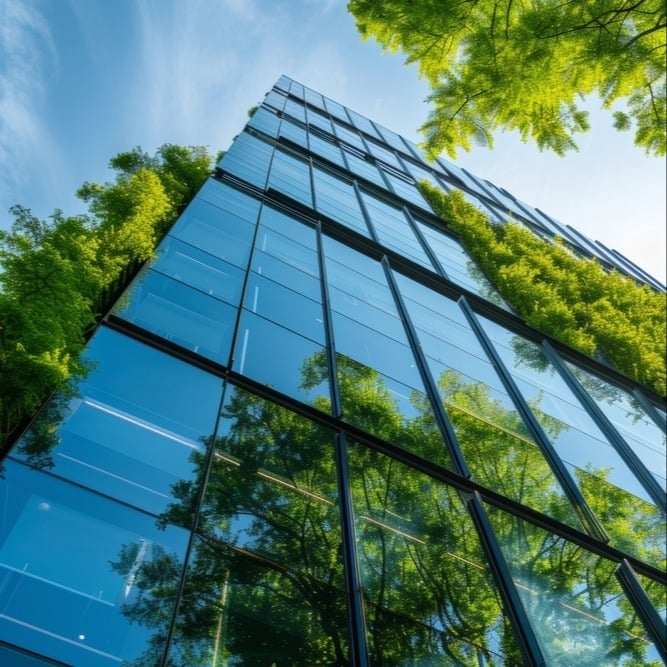 a beautiful glass office building reflecting green trees