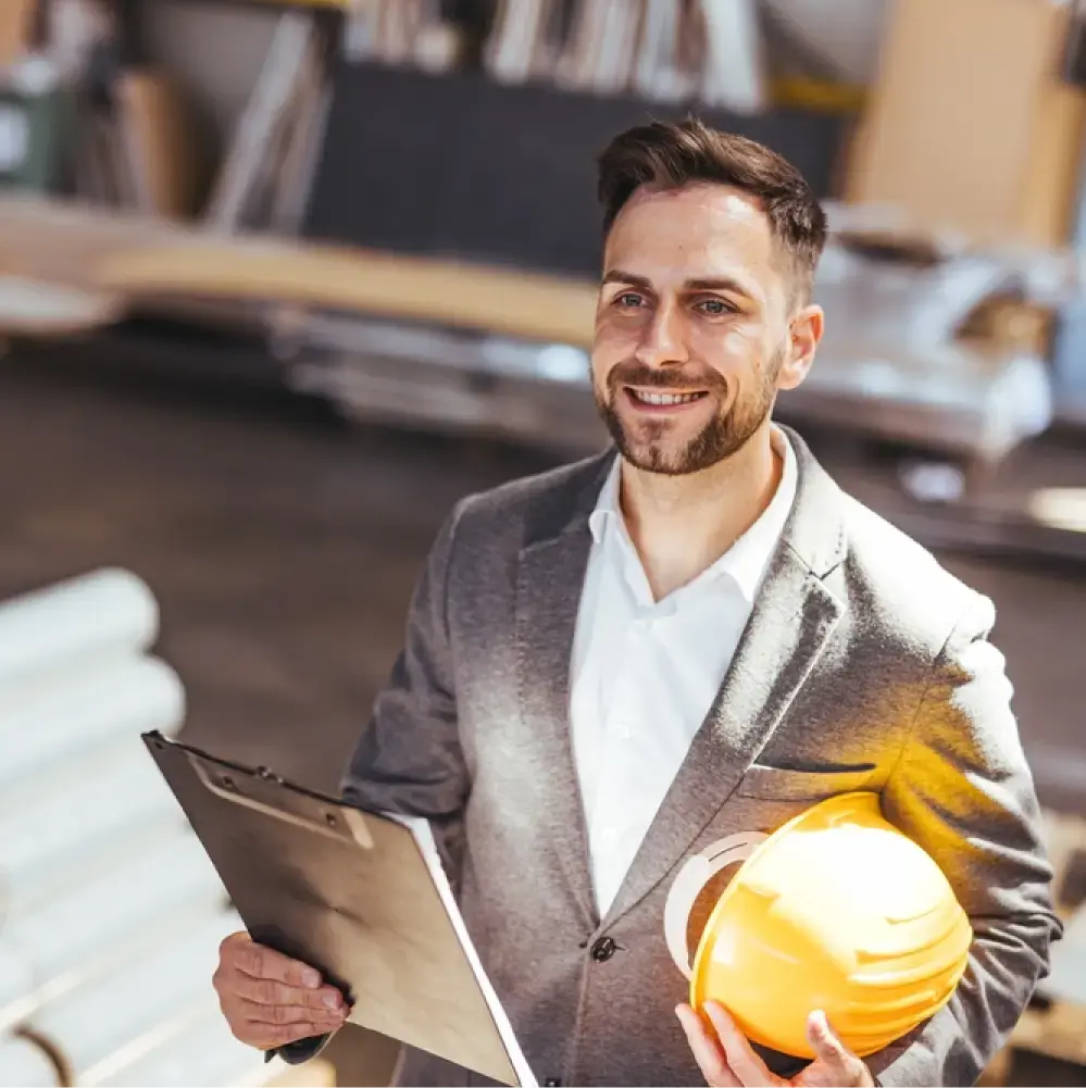 a man with a clipboard in a warehouse